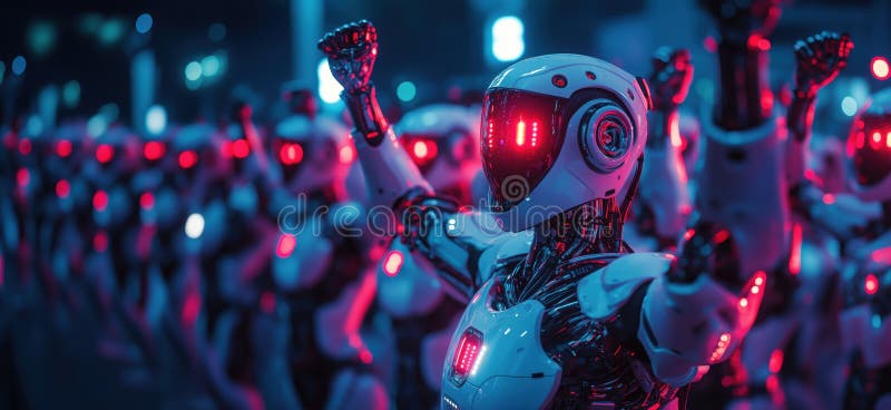Futurystyczne roboty z błyszczącymi czerwonymi oczami podnoszącymi ramiona w zsynchronizowanym wyświetlaczu w nocy zdjęcie stock