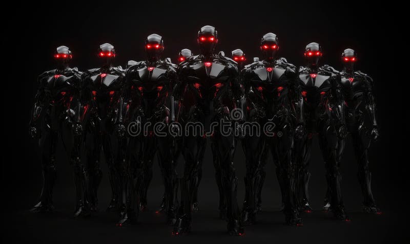 Futurystyczne roboty z błyszczącymi czerwonymi oczami stojącymi w formacji. eleganckie czarne metalowe korpusy high-tech design zł zdjęcie royalty free