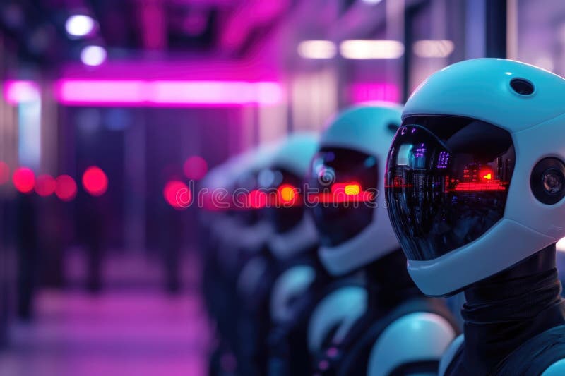 Futurystyczne roboty z hełmami w korytarzu oświetlonym neonem fotografia stock