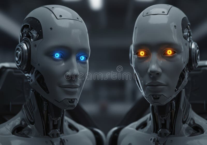 Futurystyczne roboty z oświetlonymi oczami w środowisku high-tech zdjęcia royalty free