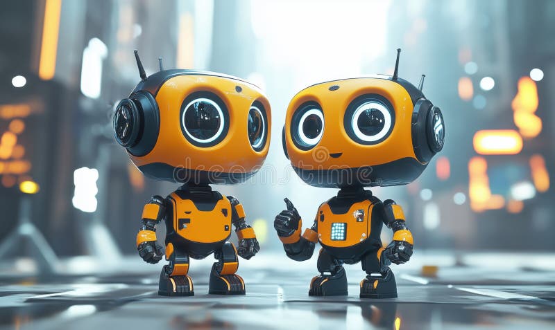Futurystyczne roboty z wyrazistymi twarzami w tętniącym życiem środowisku miejskim zdjęcia royalty free