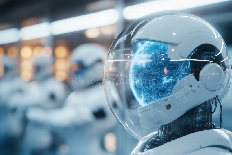 Futurystyczne roboty z wyświetlaczami cyfrowymi w środowisku HighTech. obraz stock