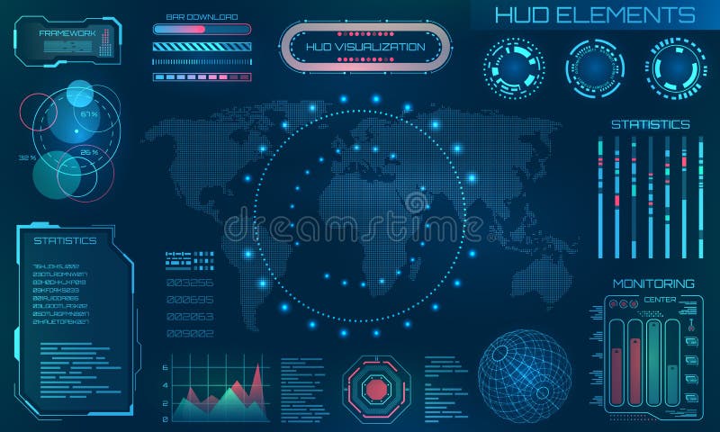Futurystyczni HUD projekta elementy Infographic lub technologia interfejs dla ewidencyjnego unaocznienia ilustracja wektor Futurystyczni HUD projekta elementy Infographic lub technologia interfejs dla ewidencyjnego unaocznienia ilustracja wektor