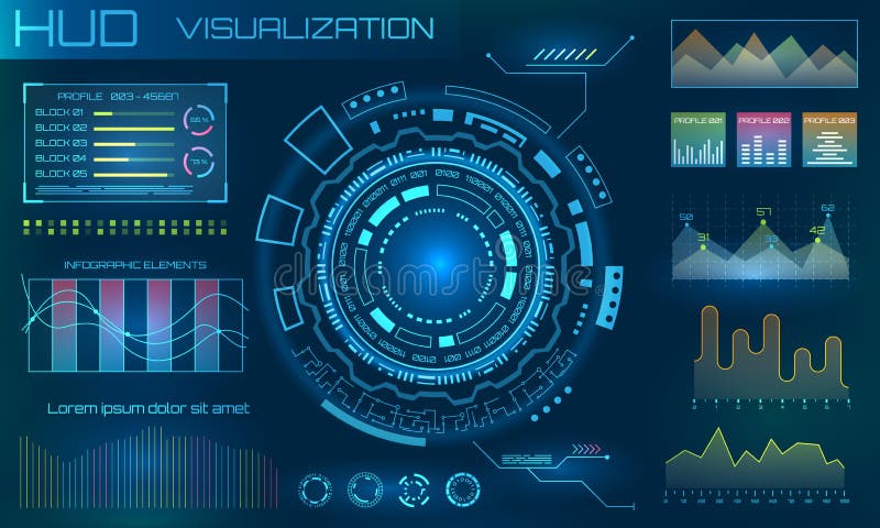 Futurystyczni HUD projekta elementy Infographic lub technologia interfejs dla ewidencyjnego unaocznienia ilustracji Futurystyczni HUD projekta elementy Infographic lub technologia interfejs dla ewidencyjnego unaocznienia ilustracji