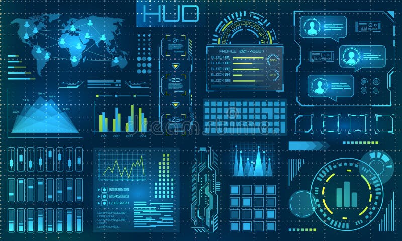 Futurystyczni HUD projekta elementy Infographic lub technologia interfejs dla ewidencyjnego unaocznienia royalty ilustracja Futurystyczni HUD projekta elementy Infographic lub technologia interfejs dla ewidencyjnego unaocznienia royalty ilustracja