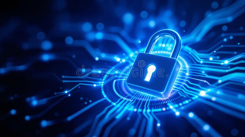 Futurystyczny blok cyberbezpieczeństwa z niebieskim tłem obwodów obrazy stock