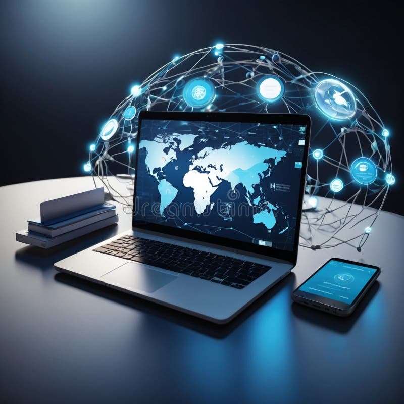 Futurystyczny cyfrowy obszar roboczy z ikonami technologii i globalną łącznością ilustracji