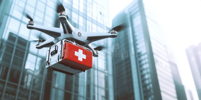 Futurystyczny dron medyczny dostarczający pomoc w miejskiej skyline ilustracja wektor