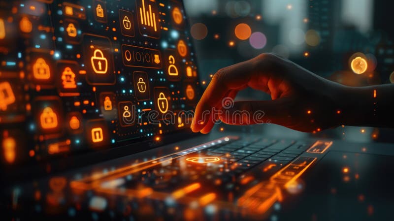 Futurystyczny interfejs cyberbezpieczeństwa z obsługą kontaktu ręcznego z notebookiem w celu ochrony danych. zdjęcia royalty free