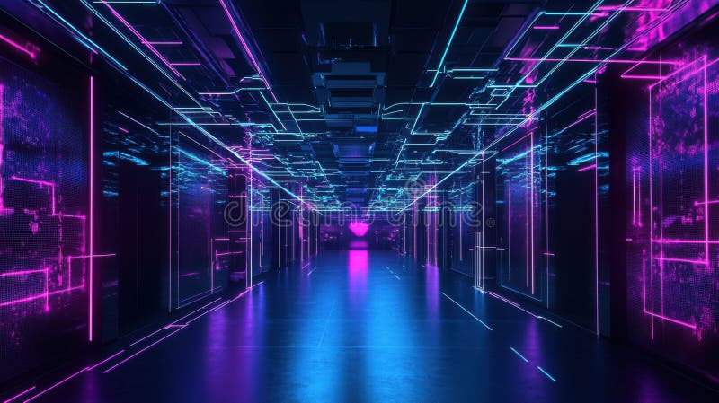Futurystyczny korytarz neonowy z abstrakcyjnymi światłami geometrycznymi do tła technologicznego. Duże dane i uczenie maszynowe zdjęcie stock