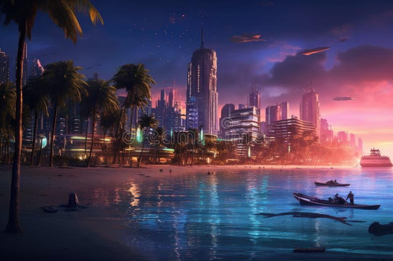Futurystyczny mrok oceanside : wytworzyła cyberpunk na plaży royalty ilustracja