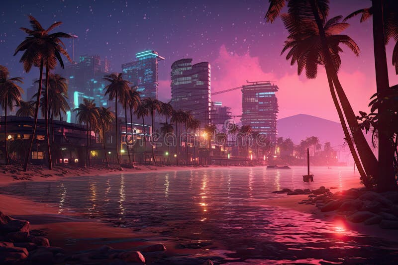 Futurystyczny mrok oceanside : wytworzyła cyberpunk na plaży ilustracja wektor