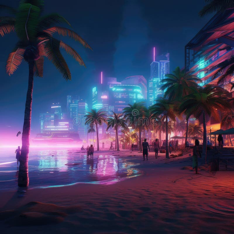 Futurystyczny mrok oceanside : wytworzyła cyberpunk na plaży ilustracji