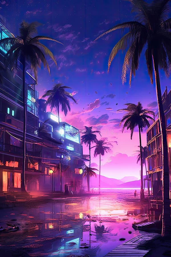 Futurystyczny mrok oceanside : wytworzyła cyberpunk na plaży ilustracji