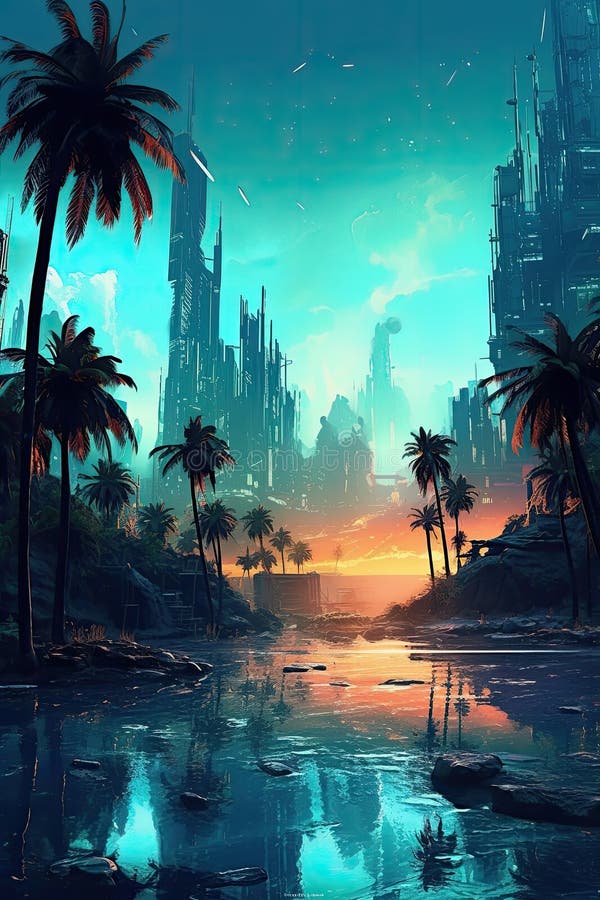 Futurystyczny mrok oceanside : wytworzyła cyberpunk na plaży royalty ilustracja