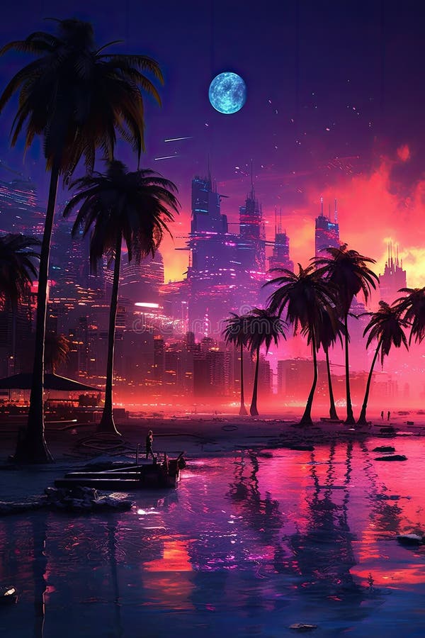 Futurystyczny mrok oceanside : wytworzyła cyberpunk na plaży royalty ilustracja