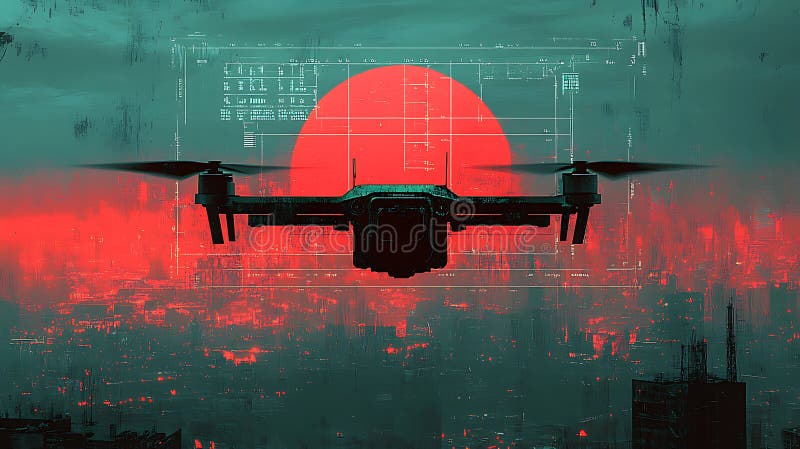 Futurystyczny nadzór dronów nad miejskim krajobrazem pod czerwonym zachodnim cyfrowym obrazem artystycznym z technicznym schematem royalty ilustracja