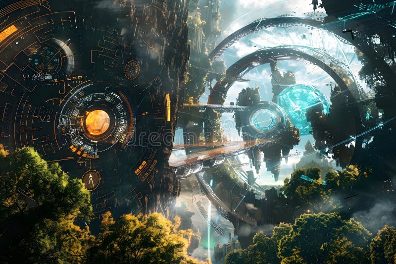 Futurystyczny pejzaż miast poszukujący biozintegrowanej metropolii technologicznej z wzajemnie powiązanymi strukturami i bujną royalty ilustracja