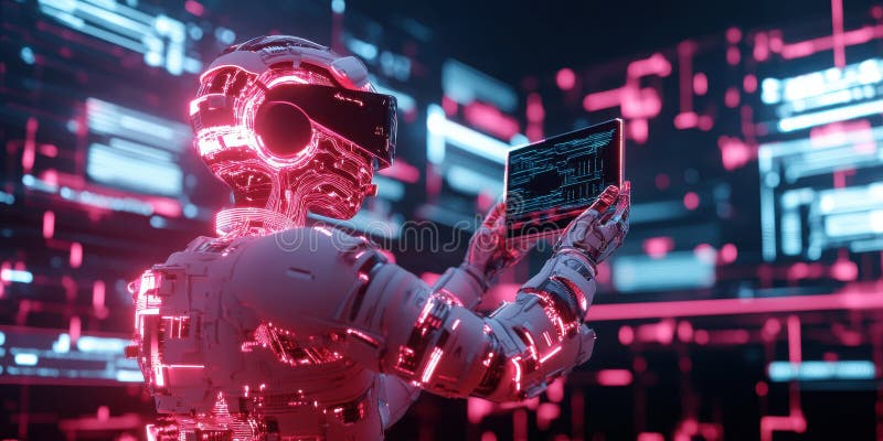 Futurystyczny robot AI analizuje dane na temat błyszczących tabletów w neon oświetlonym środowisku cyfrowym royalty ilustracja