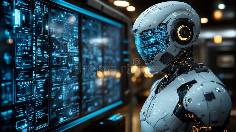 Futurystyczny robot ai analizujący dane na temat genetycznego ai na wysokim ekranie ilustracji
