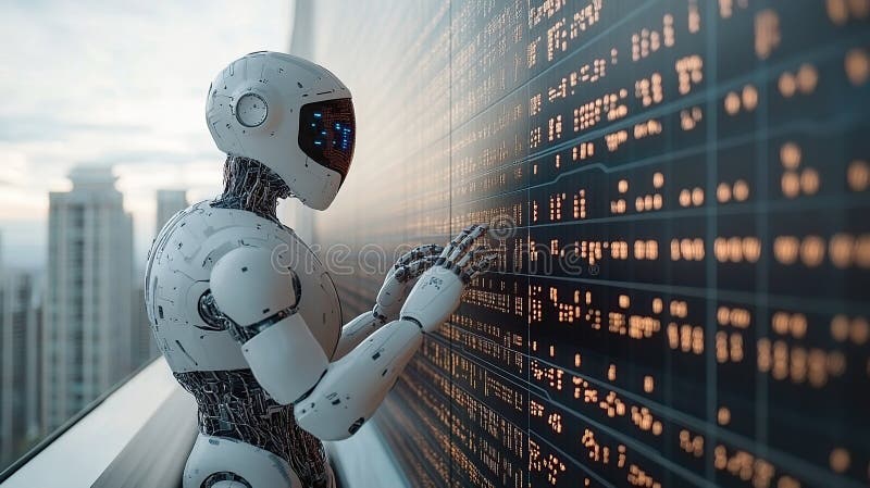 Futurystyczny robot analizujący dane finansowe na dużym ekranie ilustracja wektor