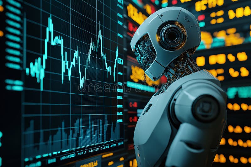 Futurystyczny robot analizujący dane finansowe na wyświetlaczu cyfrowym przedstawiającym trendy technologiczne i inwestycyjne royalty ilustracja