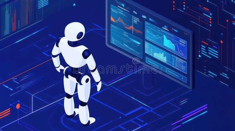 Futurystyczny robot analizujący dane na ekranach cyfrowych w niebieskim interfejsie. Koncepcja sztucznej inteligencji i technologi ilustracji