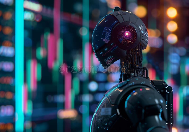 Futurystyczny robot analizujący dane na ekranach cyfrowych w środowisku high-tech z kolorowymi światłami ilustracji