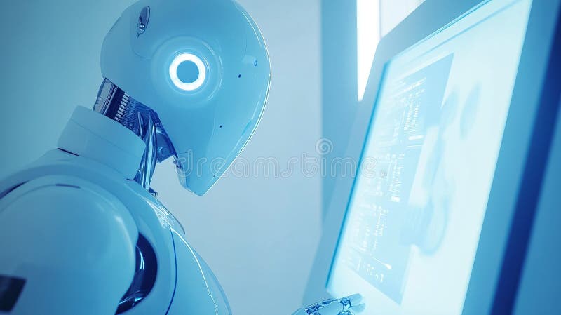 Futurystyczny robot analizujący dane na ekranie cyfrowym royalty ilustracja
