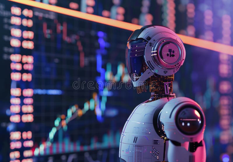 Futurystyczny robot analizujący dane na ekranie cyfrowym z wykresami finansowymi i wykresami w tle royalty ilustracja