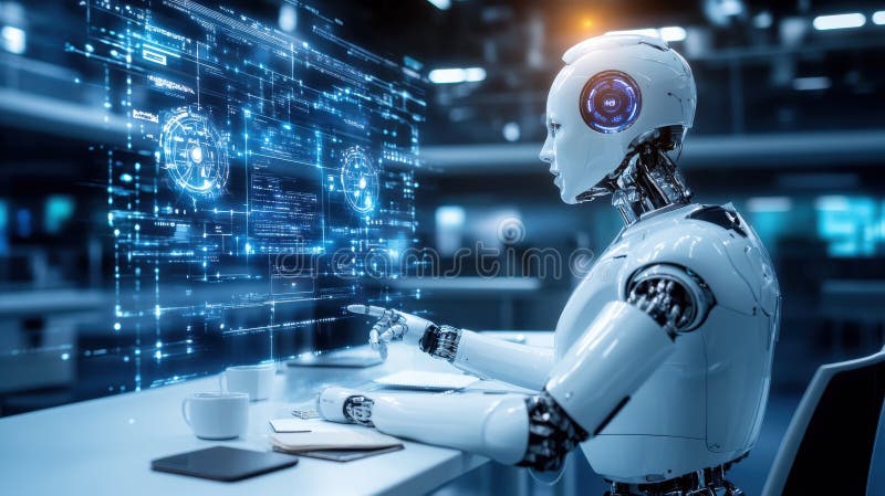 Futurystyczny robot analizujący dane na temat interfejsu cyfrowego w nowoczesnym środowisku biurowym high-tech z zaawansowaną tech ilustracja wektor