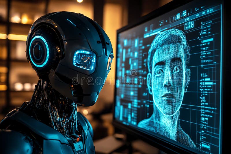 Futurystyczny robot analizujący dane twarzy człowieka na ekranie high-tech ilustracja wektor