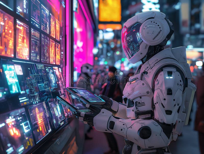 Futurystyczny robot analizujący dane w neon cyberpunk cityscape royalty ilustracja
