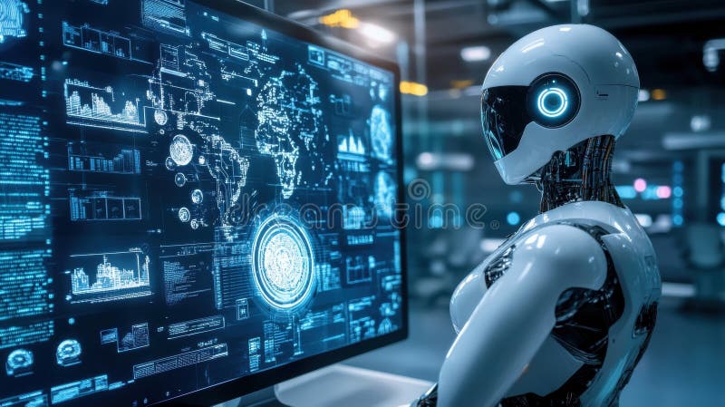 Futurystyczny robot analizujący dane wyświetlane na ekranie cyfrowym ilustracja wektor