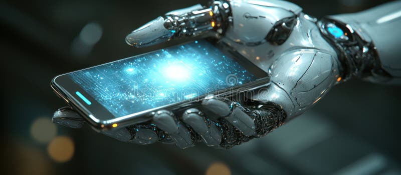 Futurystyczny Robot Holding Smartphone z Vibrant Screen Tech Innovation Concept for Commerce Campaign Digital. Opis : Ten uderzający obraz uchwyca futurystyczny robot trzymający delikatnie smartfon z żywym ekranem symbolizującym najnowocześniejszą technologię i innowację ery cyfrowej. Koncepcja przedstawia zagadnienia łączności postępu i płynnego włączania technologii do naszego codziennego życia. Idealny do kampanii komercyjnych lub urzekającej tapety cyfrowej obraz ten ucieleśnia nieograniczone możliwości innowacji technologicznych.