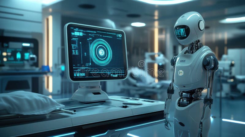Futurystyczny robot medyczny analizujący dane na wysokim ekranie royalty ilustracja