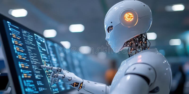 Futurystyczny robot wykorzystujący sztuczną inteligencję analizujący strumienie danych w interfejsie cyfrowym w nowoczesnym środow ilustracji