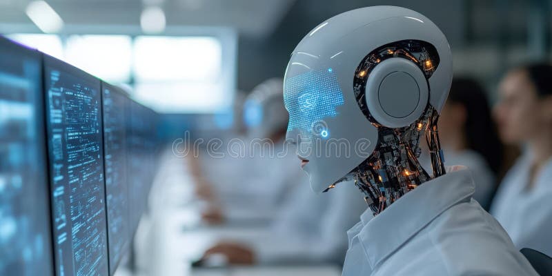 Futurystyczny robot wykorzystujący sztuczną inteligencję analizujący strumienie danych w nowoczesnym środowisku laboratoryjnym royalty ilustracja
