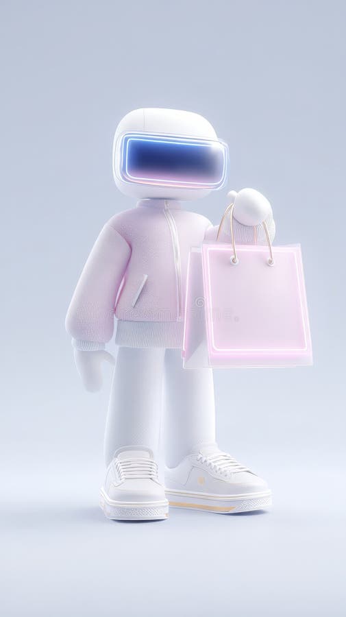 Futurystyczny robot z torbami na zakupy i neonowym blaskiem w minimalistycznym ustawieniu zdjęcie stock
