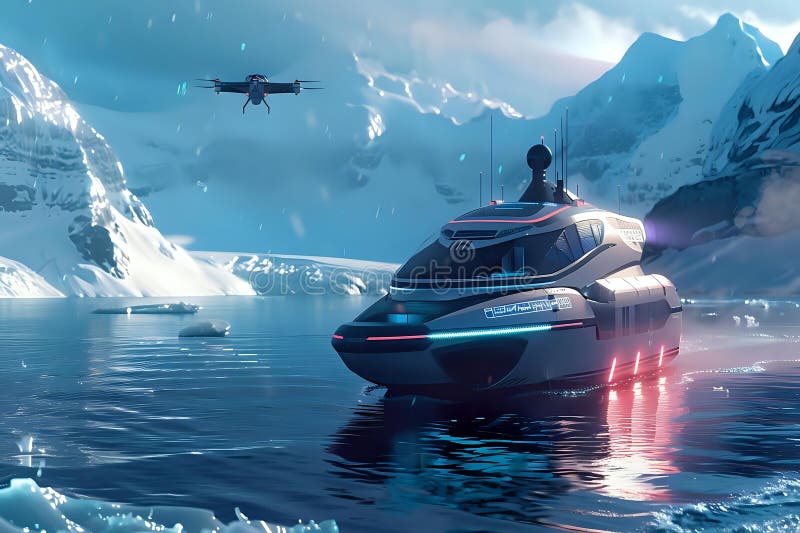 Futurystyczny statek pływa po lodowych wodach z obserwacją drona w lodowcowym krajobrazie A SciFi Arctic Exploration ilustracji