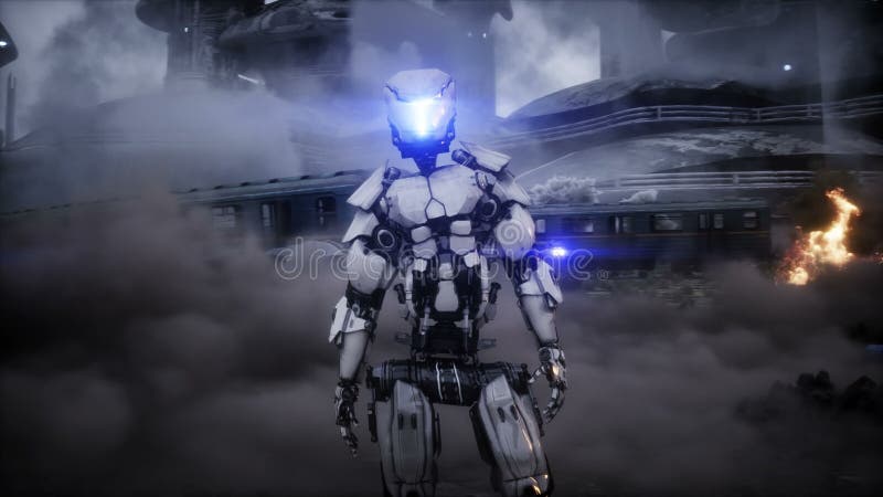 Futurystyczny statek sci fi. robot wojskowy. apokalipsa. realistyczna animacja pyłu.