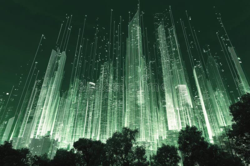 Futurystyczny zielony skyline miasta z minimalistyczną estetyką cyfrową ilustracji