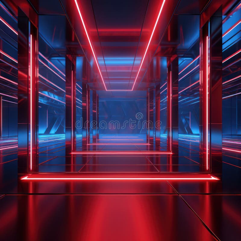 Futurystyczny, żywy tunel neonowy o strukturze metalicznej i generowanej nieregularnej geometrii ilustracja wektor