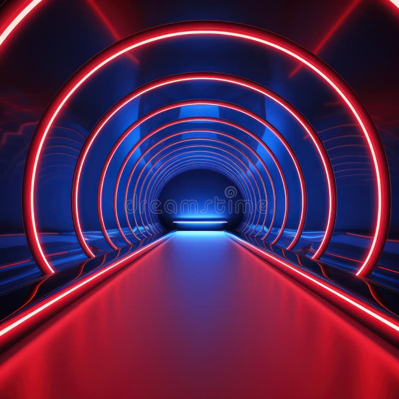 Futurystyczny, żywy tunel neonowy o strukturze metalicznej i generowanej nieregularnej geometrii ilustracja wektor