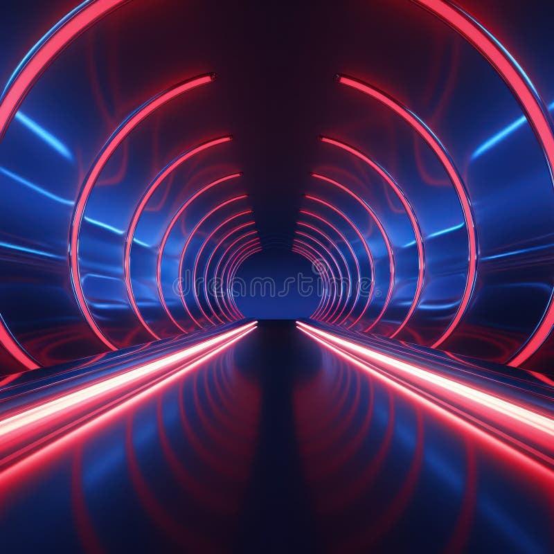 Futurystyczny, żywy tunel neonowy o strukturze metalicznej i generowanej nieregularnej geometrii ilustracja wektor