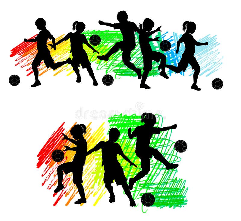 Fußball silhouettiert Kind-Jungen und Mädchen lizenzfreie abbildung