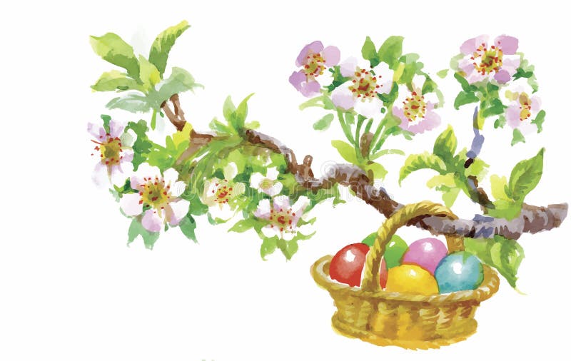 Fyllde den vide- korgen för påskferievattenfärgen med den färgrika äggvektorillustrationen royaltyfri illustrationer