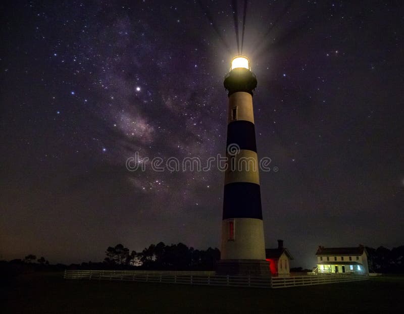 A nighttime view of Bodie Island Lighthouse in the Outer Banks of North Carolina, with the Milky Way galaxy faintly glimmering in the background behind it. A nighttime view of Bodie Island Lighthouse in the Outer Banks of North Carolina, with the Milky Way galaxy faintly glimmering in the background behind it