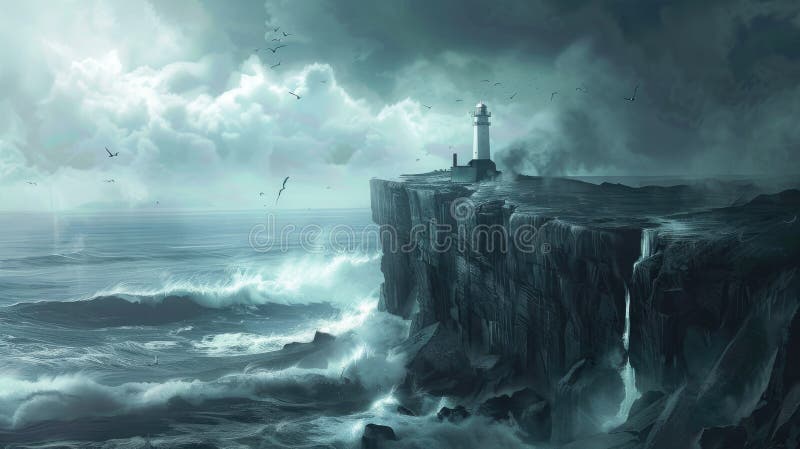 A lighthouse stands on a cliff above the ocean on a cloudy day, with water below, cumulus clouds in the sky, and wind waves on the horizon AIG50 AI generated. A lighthouse stands on a cliff above the ocean on a cloudy day, with water below, cumulus clouds in the sky, and wind waves on the horizon AIG50 AI generated