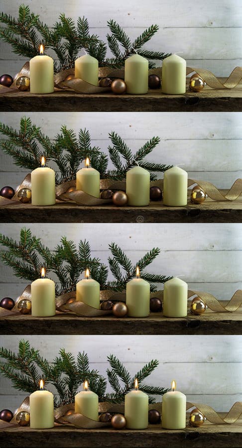 Fyra bilder av vita adventstearinljus som tänds en efter othen royaltyfri fotografi Fyra bilder av vita adventstearinljus som tänds en efter othen royaltyfri fotografi
